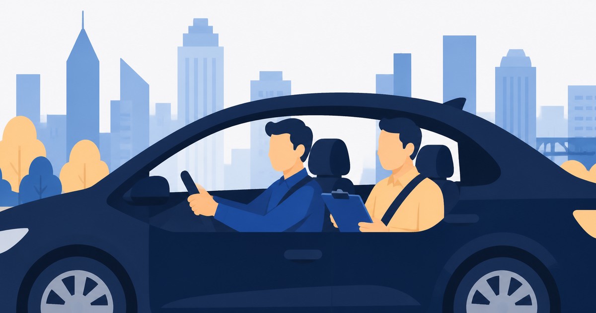 Illustration : un candidat chauffeur VTC conduit une berline foncée en ville, un examinateur avec un porte-documents assis à côté de lui