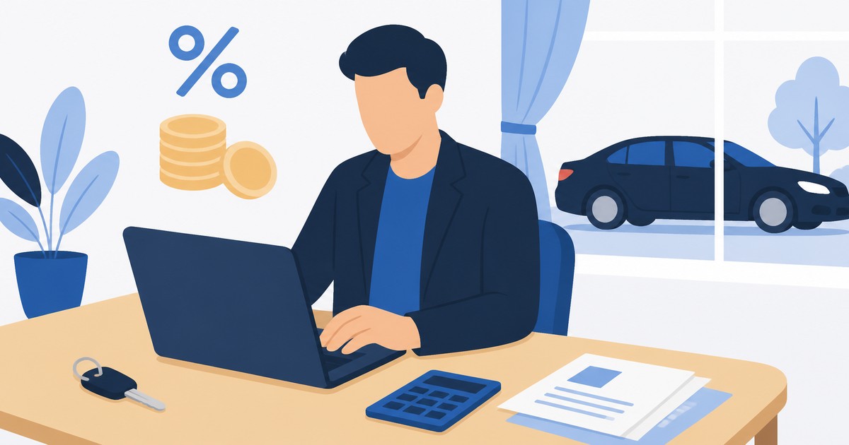 Illustration : un chauffeur VTC à son bureau devant un ordinateur, avec une calculatrice, des documents, des pièces et un symbole pourcentage, sa voiture garée derrière la fenêtre